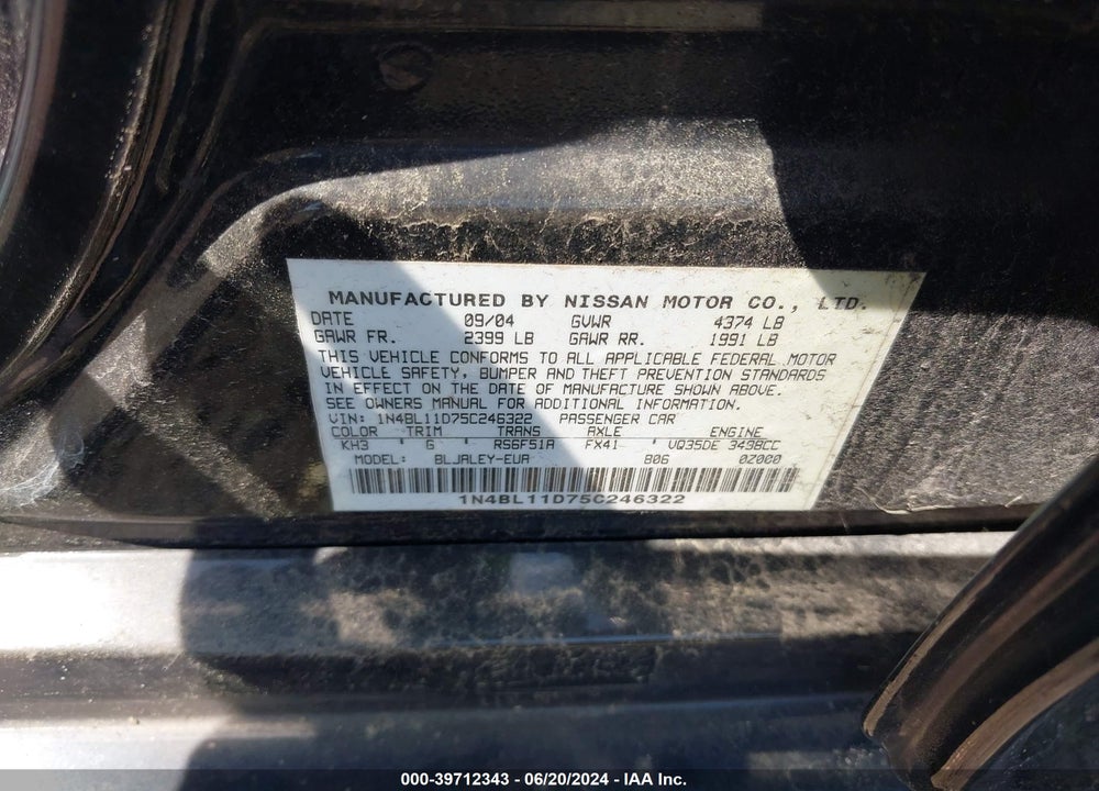 2005 NISSAN ALTIMA 3.5 SE-R VIN: 1N4BL11D75C246322