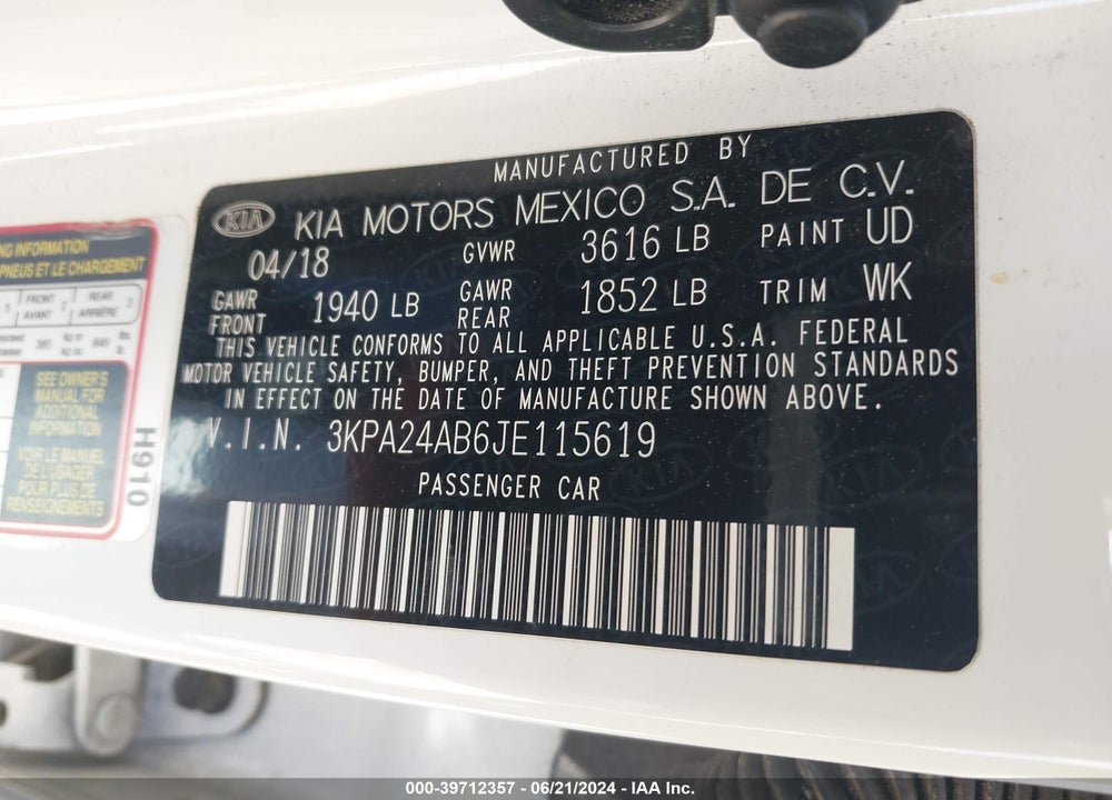 2018 KIA RIO S VIN: 3KPA24AB6JE115619