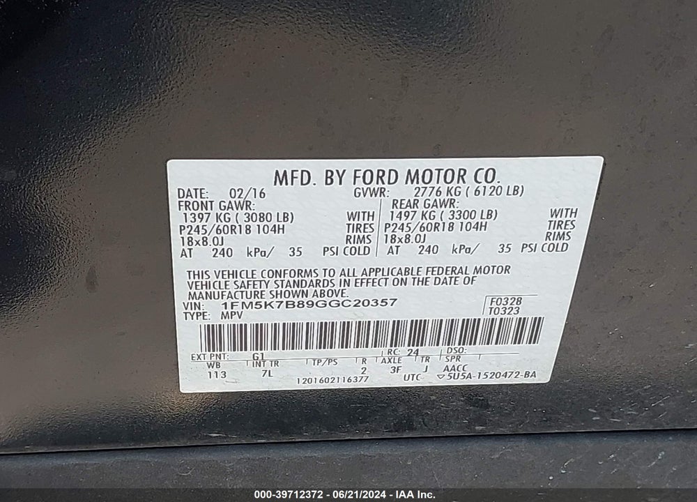 2016 FORD EXPLORER VIN: 1FM5K7B89GGC20357