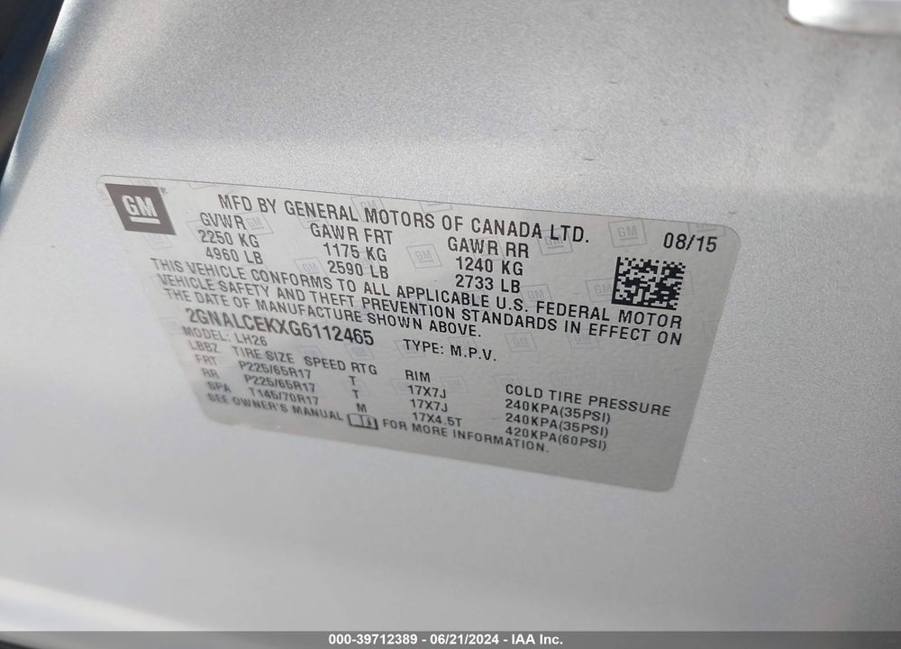 2016 CHEVROLET EQUINOX LT VIN: 2GNALCEKXG6112465