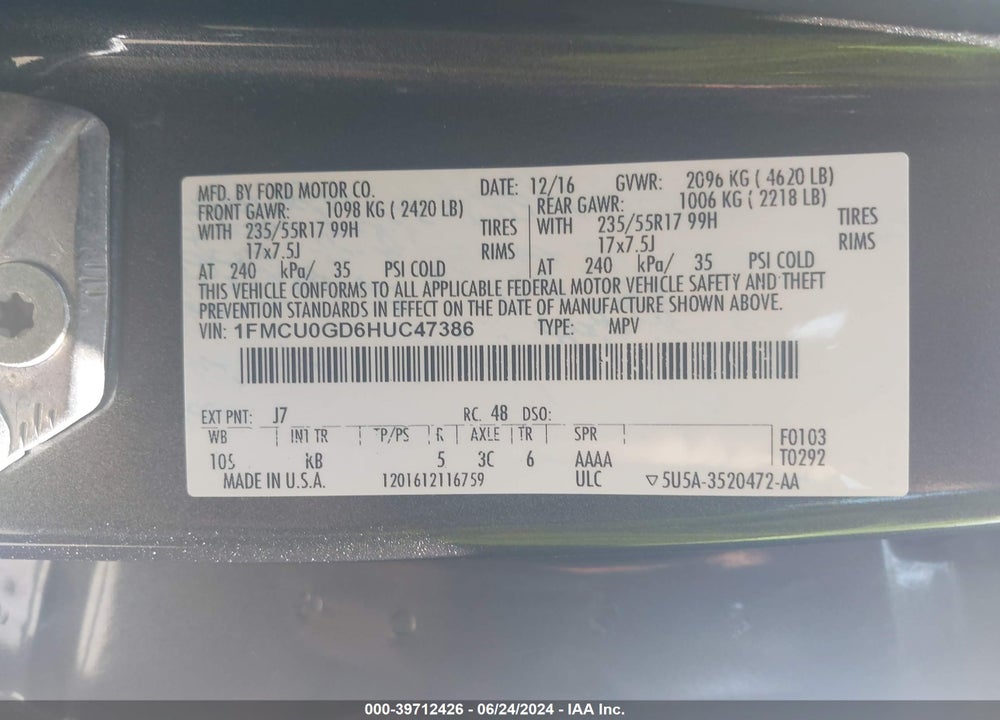 2017 FORD ESCAPE SE VIN: 1FMCU0GD6HUC47386