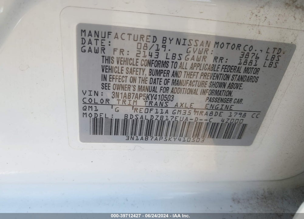2019 NISSAN SENTRA SV VIN: 3N1AB7AP5KY410503