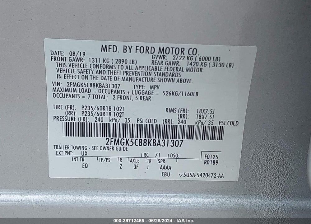2019 FORD FLEX SEL VIN: 2FMGK5C88KBA31307