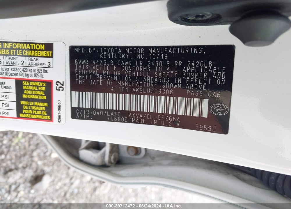 2020 TOYOTA CAMRY XLE VIN: 4T1F11AK9LU308306