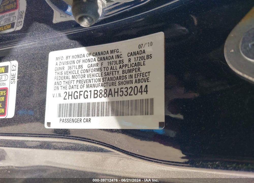 2010 HONDA CIVIC EX VIN: 2HGFG1B88AH532044