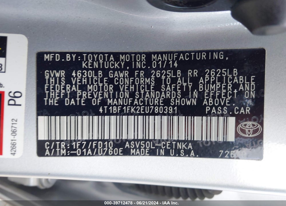 2014 TOYOTA CAMRY LE VIN: 4T1BF1FK2EU780391