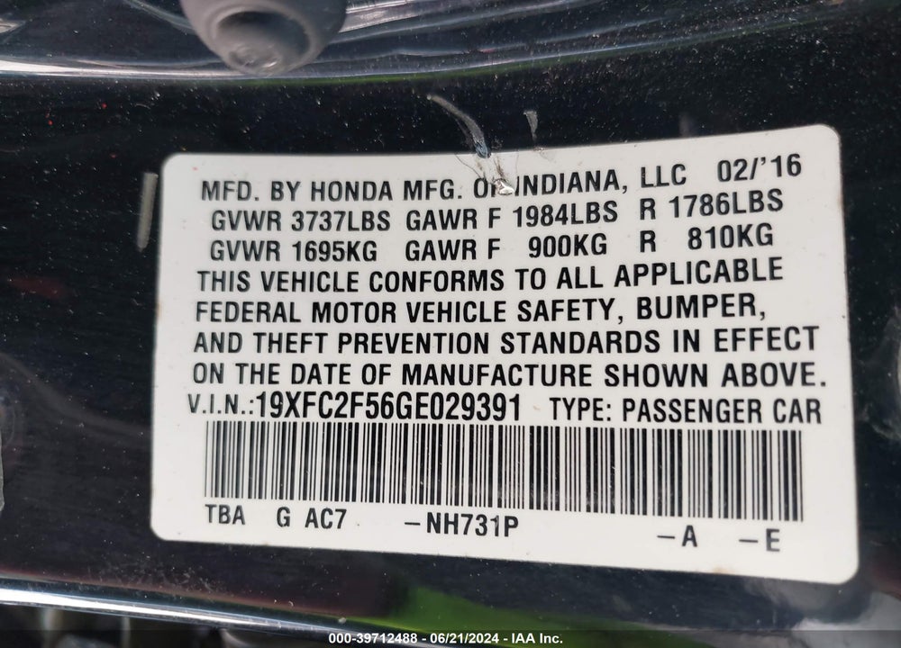 2016 HONDA CIVIC LX VIN: 19XFC2F56GE029391