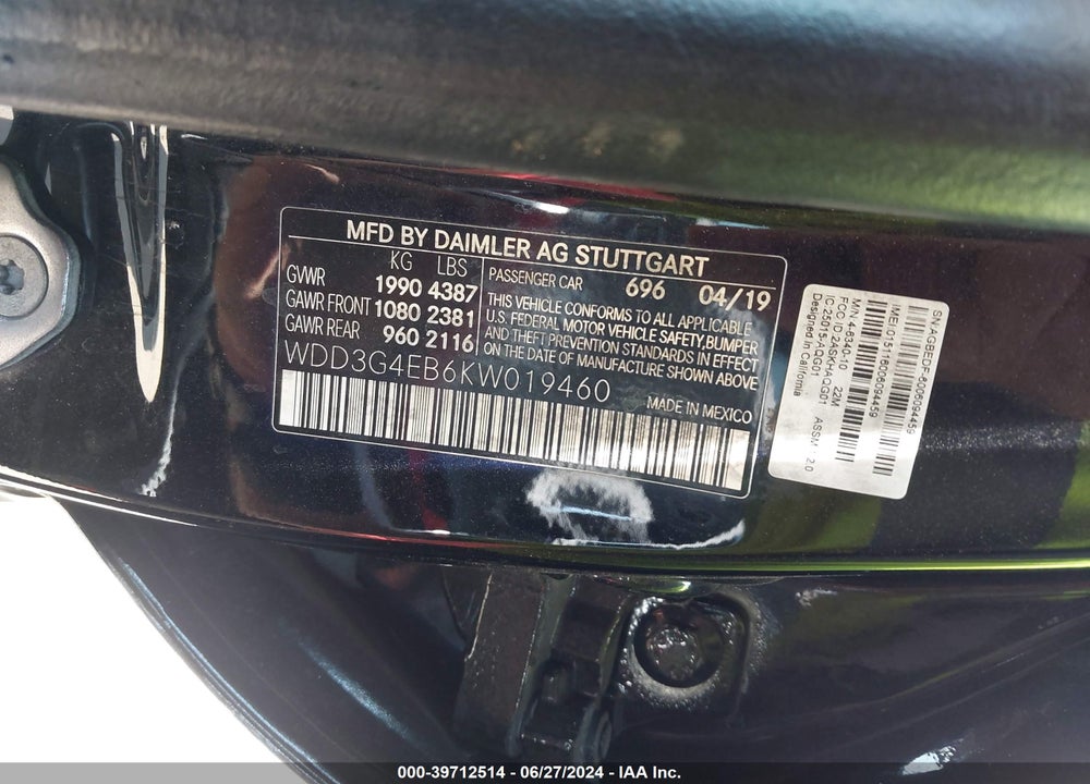 2019 MERCEDES-BENZ A 220 VIN: WDD3G4EB6KW019460