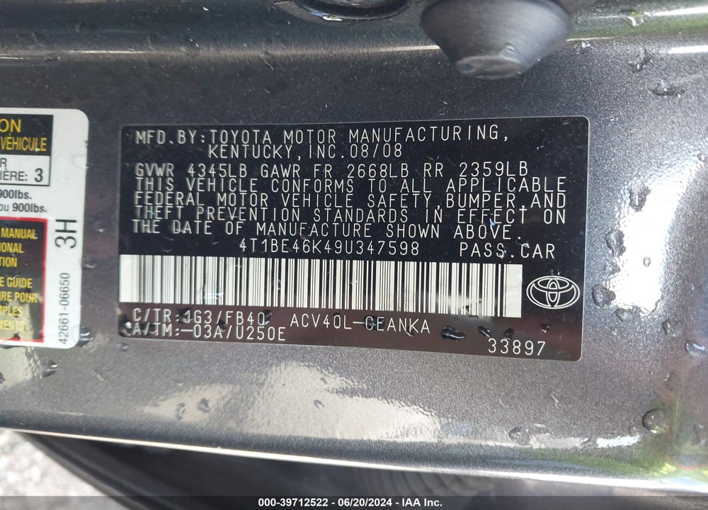 2009 TOYOTA CAMRY VIN: 4T1BE46K49U347598
