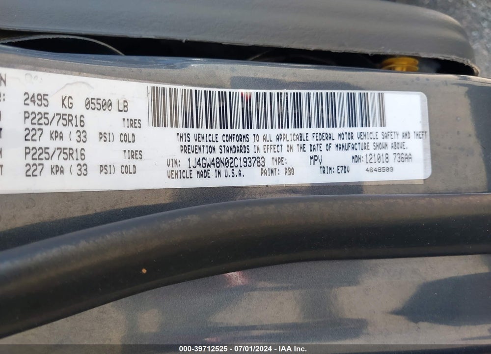 2002 JEEP GRAND CHEROKEE VIN: 1J4GW48N02C193783