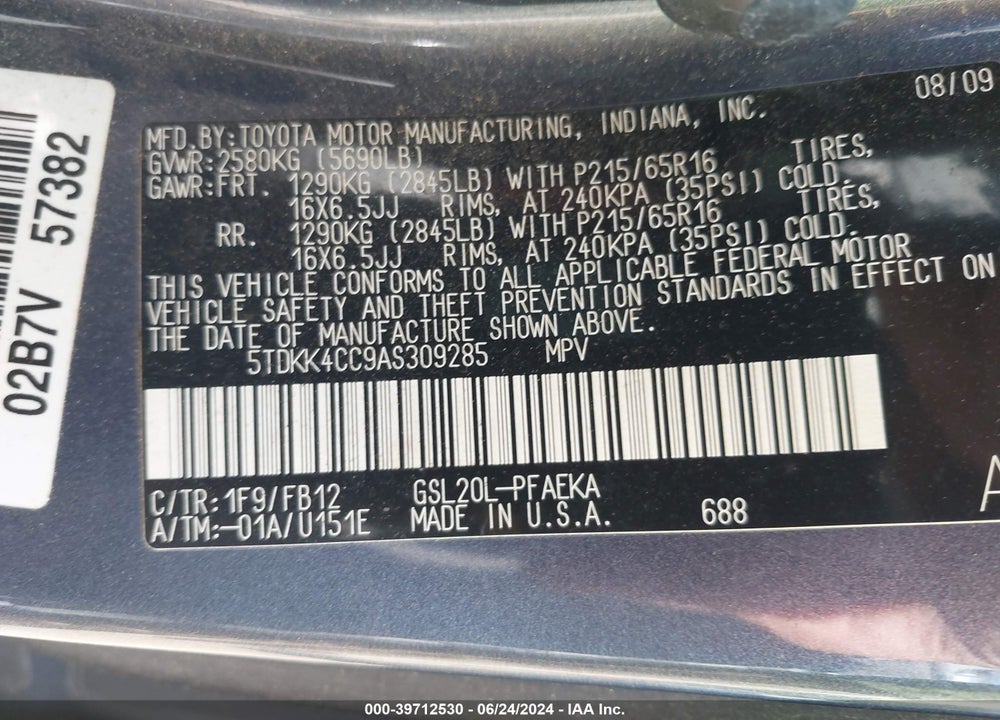 2010 TOYOTA SIENNA CE VIN: 5TDKK4CC9AS309285