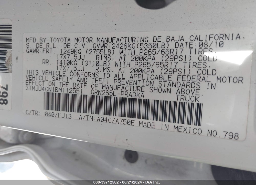 2011 TOYOTA TACOMA PRERUNNER V6 VIN: 3TMJU4GN1BM112551