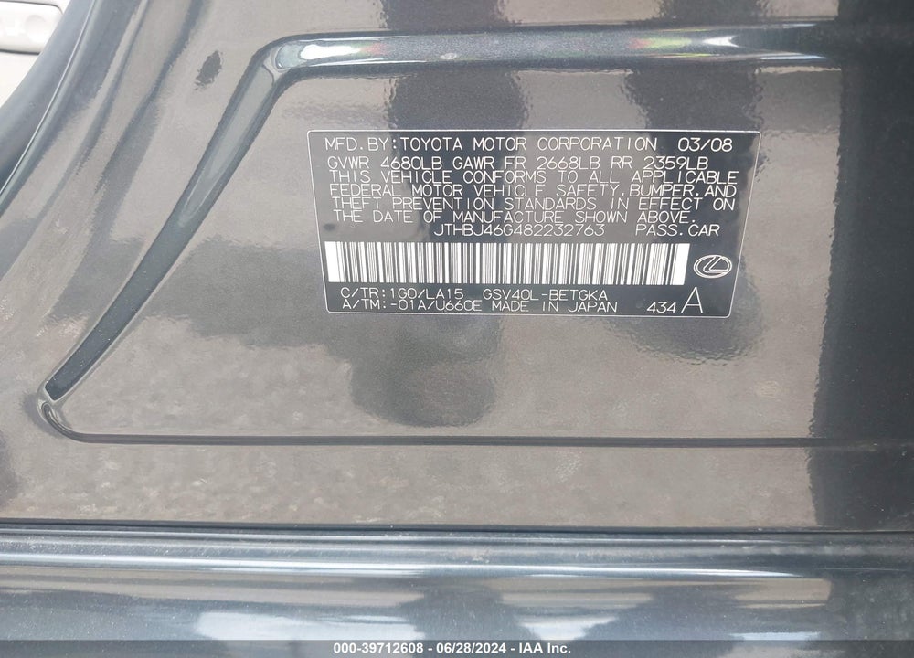 2008 LEXUS ES 350 VIN: JTHBJ46G482232763