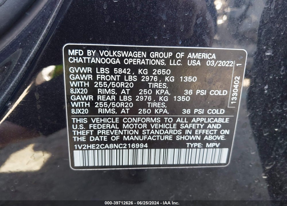 2022 VOLKSWAGEN ATLAS CROSS SPORT 3.6L V6 SE W/TECHNOLOGY VIN: 1V2HE2CA8NC216994