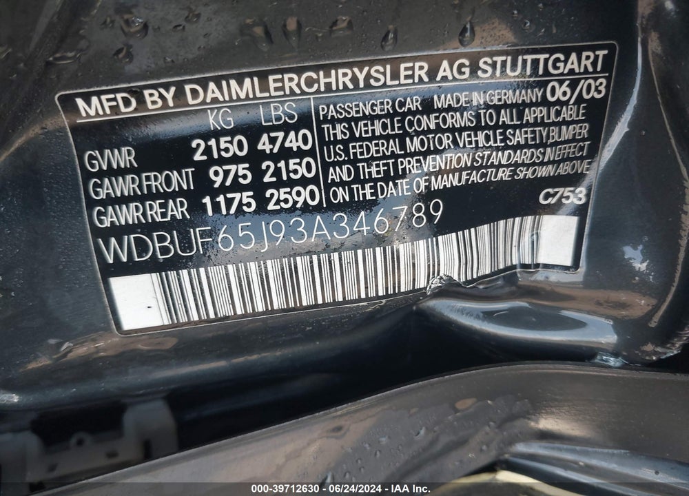 2003 MERCEDES-BENZ E 320 VIN: WDBUF65J93A346789