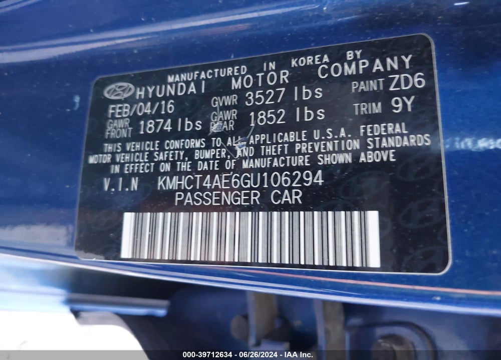 2016 HYUNDAI ACCENT SE VIN: KMHCT4AE6GU106294