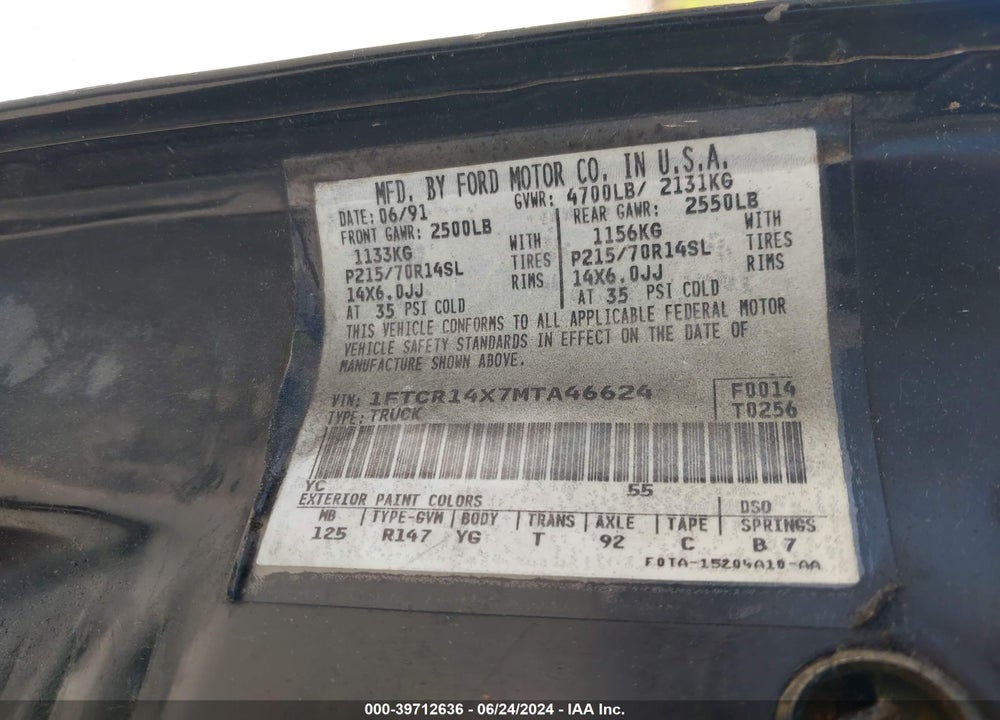 1991 FORD RANGER SUPER CAB VIN: 1FTCR14X7MTA46624