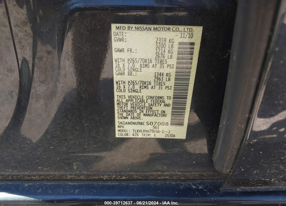 2011 NISSAN XTERRA S VIN: 5N1AN0NU9BC507008