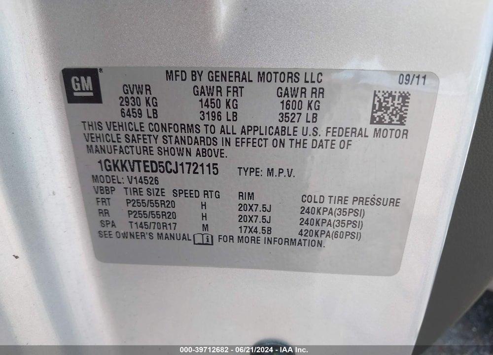 2012 GMC ACADIA DENALI VIN: 1GKKVTED5CJ172115