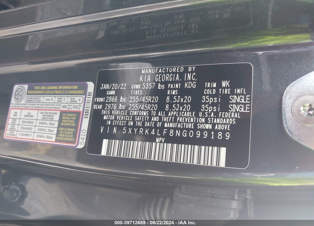 2022 KIA SORENTO SX VIN: 5XYRK4LF8NG099189