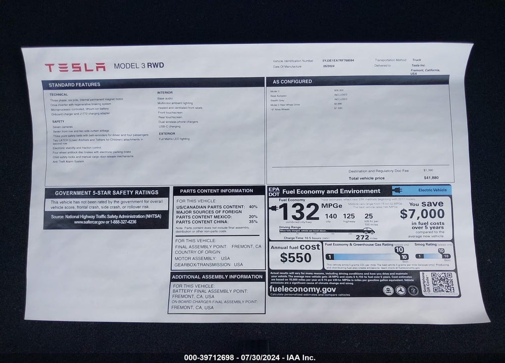 2024 TESLA MODEL 3 REAR-WHEEL DRIVE VIN: 5YJ3E1EA7RF768594