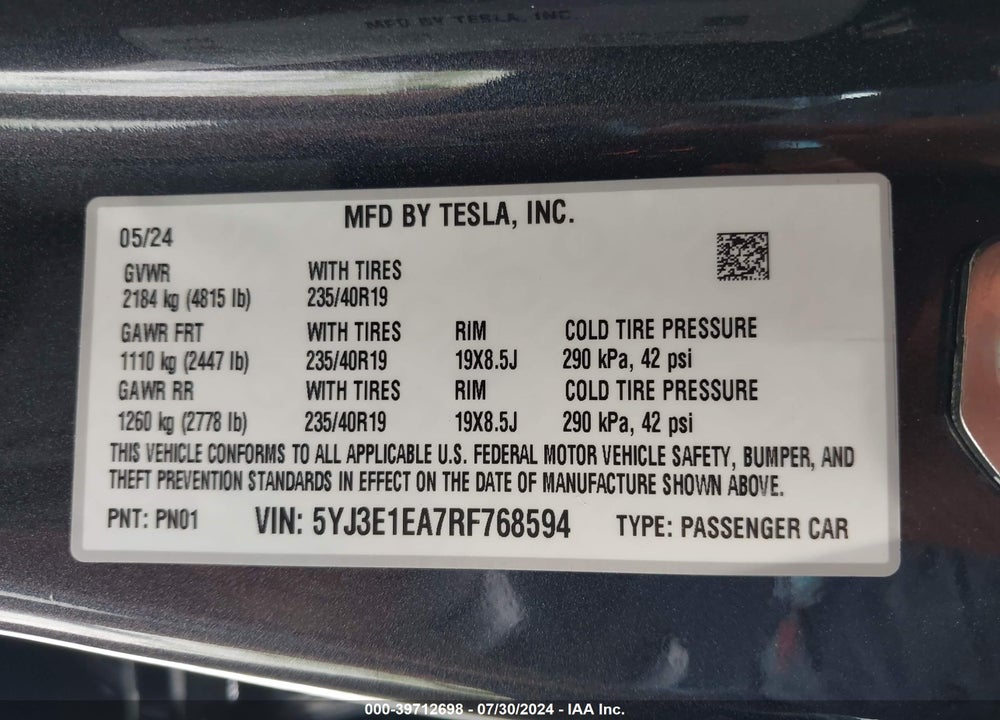 2024 TESLA MODEL 3 REAR-WHEEL DRIVE VIN: 5YJ3E1EA7RF768594