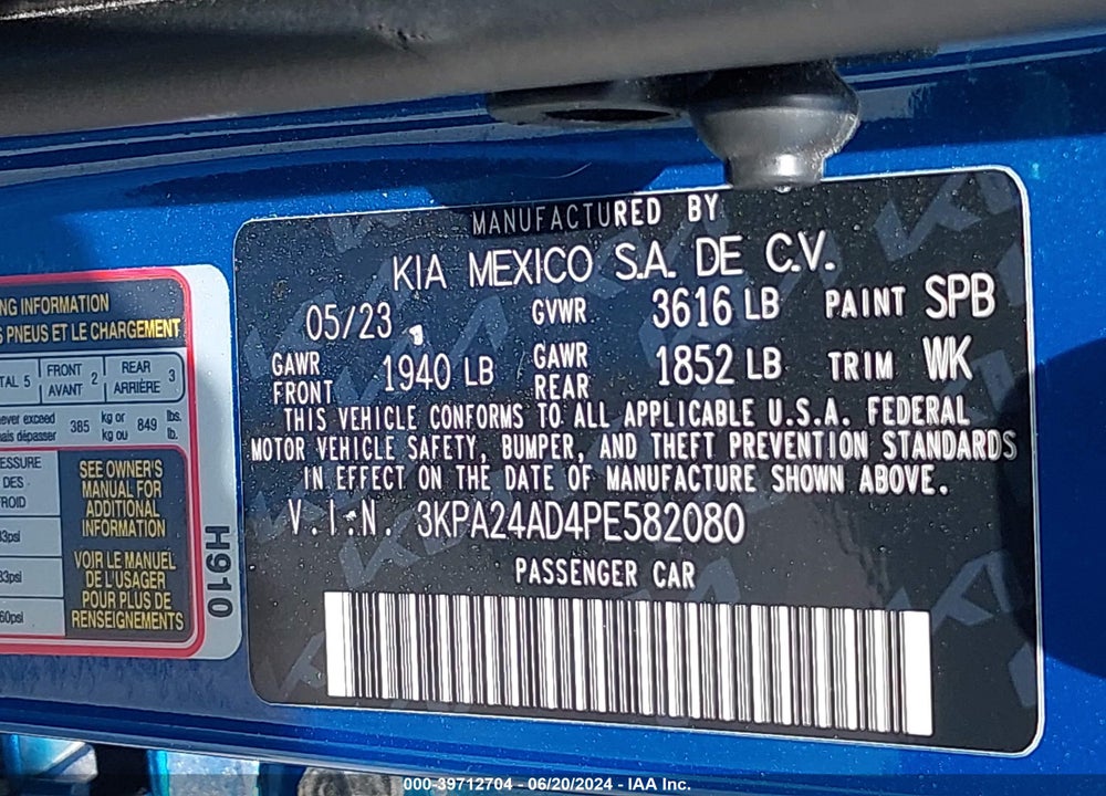 2023 KIA RIO S VIN: 3KPA24AD4PE582080