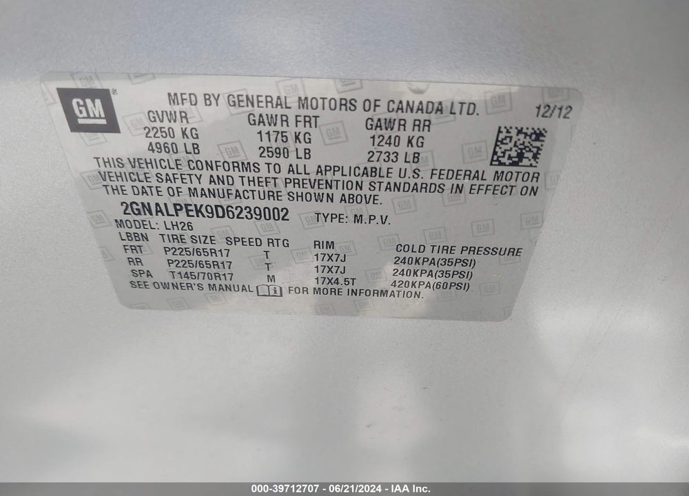 2013 CHEVROLET EQUINOX LT VIN: 2GNALPEK9D6239002