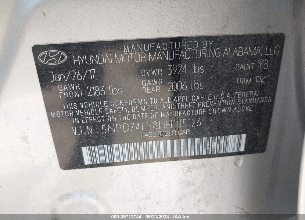 2017 HYUNDAI ELANTRA SE VIN: 5NPD74LF8HH185126