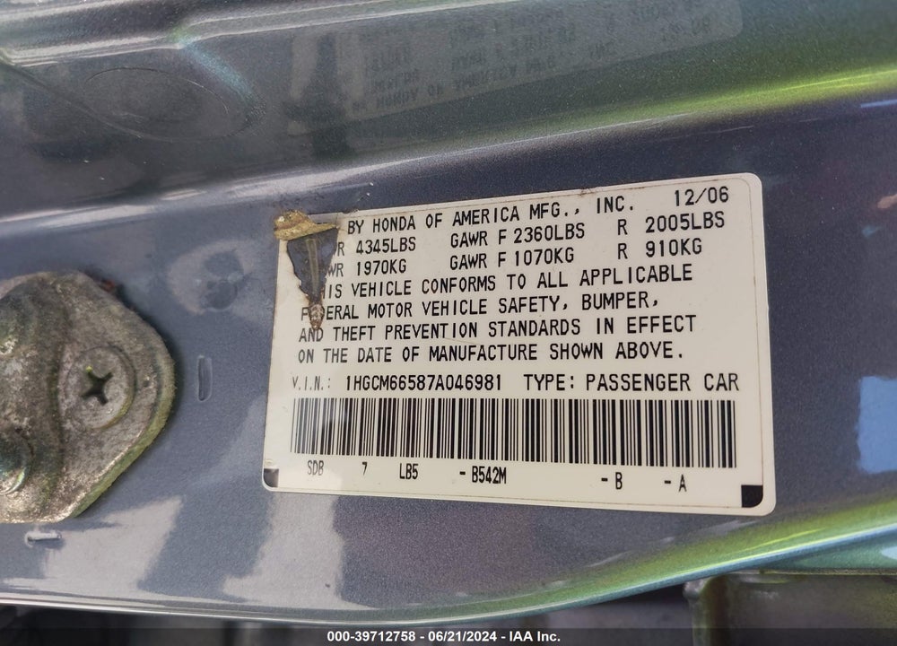 2007 HONDA ACCORD 3.0 EX VIN: 1HGCM66587A046981