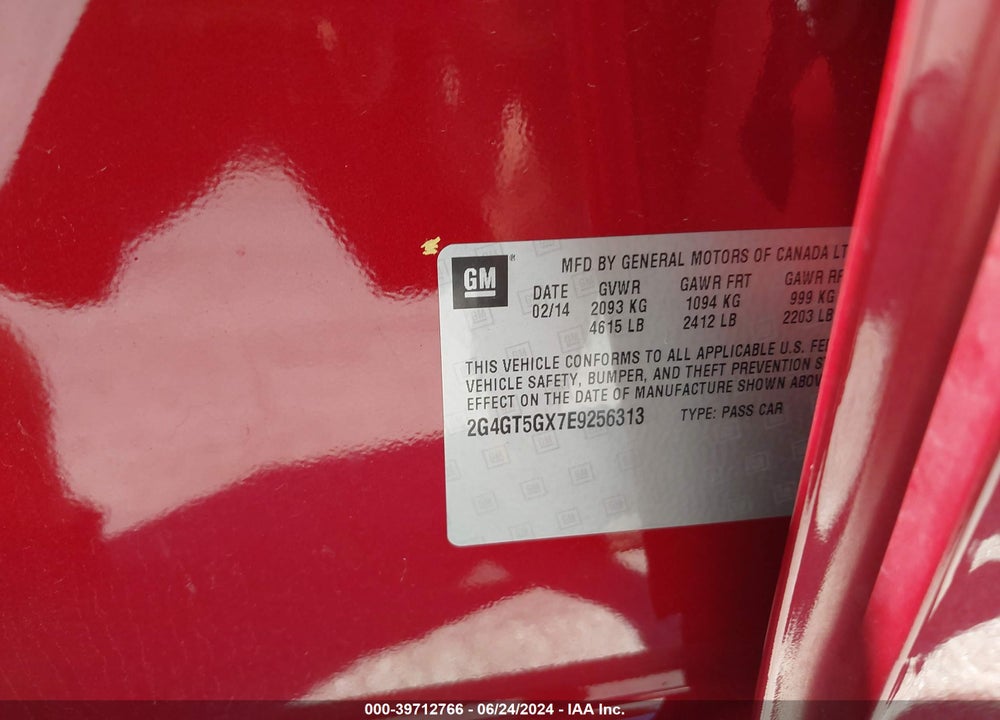 2014 BUICK REGAL GS VIN: 2G4GT5GX7E9256313