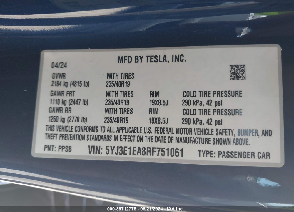 2024 TESLA MODEL 3 REAR-WHEEL DRIVE VIN: 5YJ3E1EA8RF751061