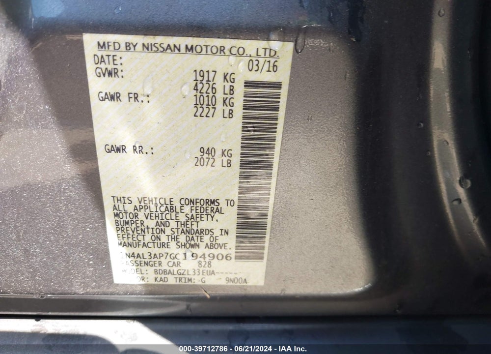 2016 NISSAN ALTIMA 2.5/2.5 S/2.5 SL/2.5 SR/2.5 SV VIN: 1N4AL3AP7GC194906