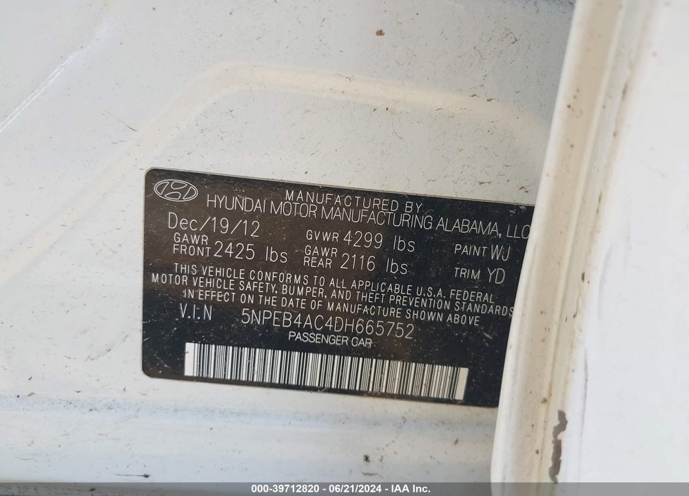2013 HYUNDAI SONATA GLS VIN: 5NPEB4AC4DH665752
