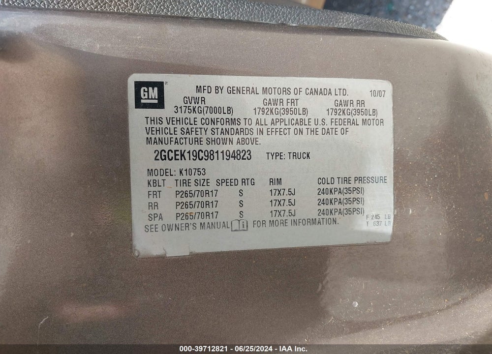 2008 CHEVROLET SILVERADO 1500 LT1 VIN: 2GCEK19C981194823