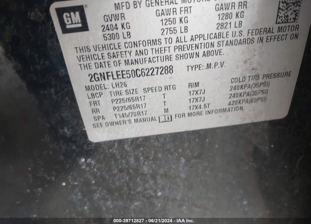 2012 CHEVROLET EQUINOX 1LT VIN: 2GNFLEE50C6227288