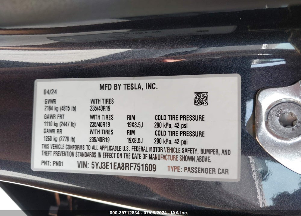 2024 TESLA MODEL 3 REAR-WHEEL DRIVE VIN: 5YJ3E1EA8RF751609