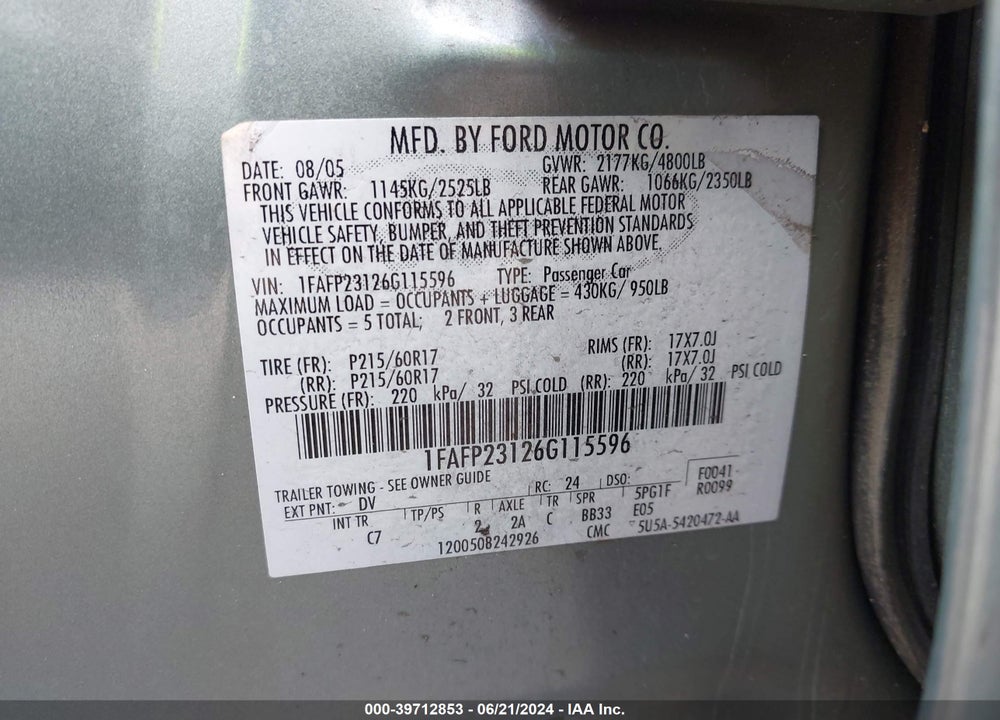 2006 FORD FIVE HUNDRED SE VIN: 1FAFP23126G115596