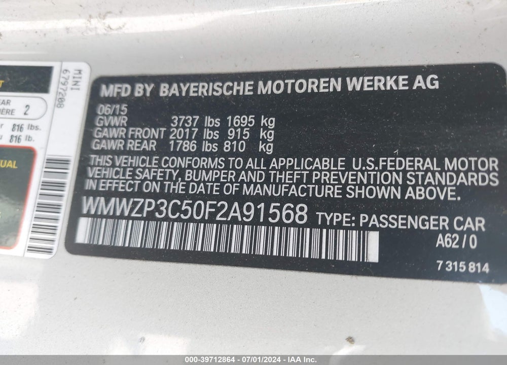 2015 MINI CONVERTIBLE COOPER S VIN: WMWZP3C50F2A91568