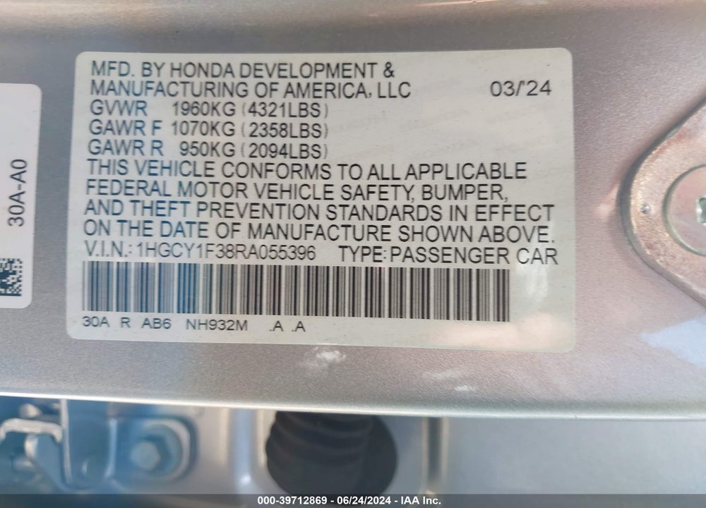 2024 HONDA ACCORD EX VIN: 1HGCY1F38RA055396