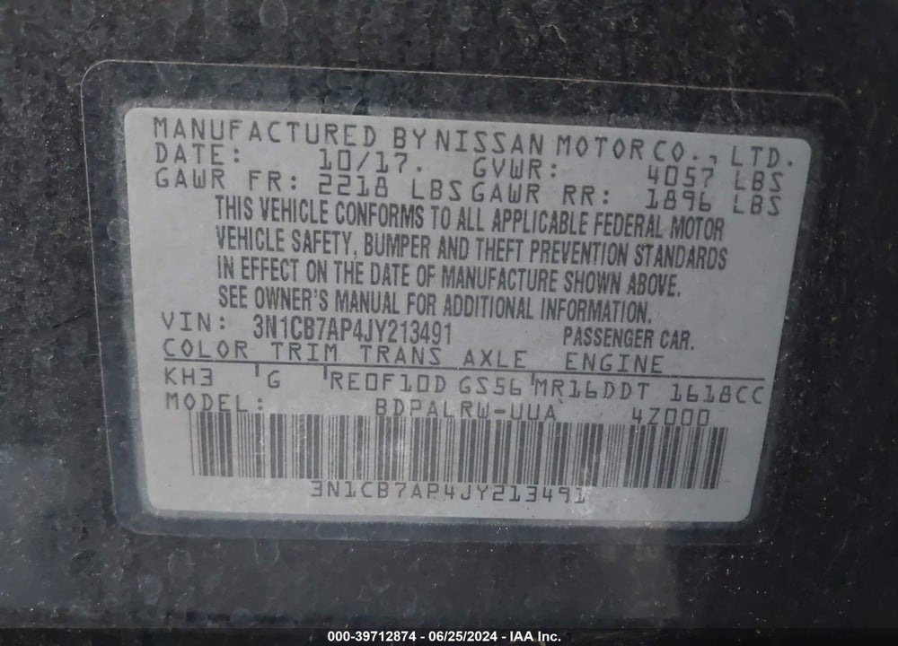 2018 NISSAN SENTRA SR TURBO VIN: 3N1CB7AP4JY213491