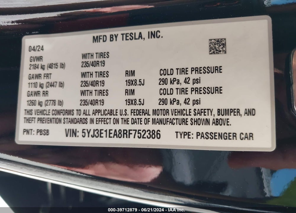 2024 TESLA MODEL 3 REAR-WHEEL DRIVE VIN: 5YJ3E1EA8RF752386