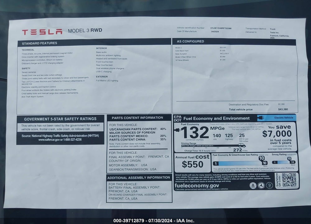 2024 TESLA MODEL 3 REAR-WHEEL DRIVE VIN: 5YJ3E1EA8RF752386