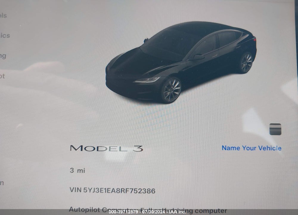 2024 TESLA MODEL 3 REAR-WHEEL DRIVE VIN: 5YJ3E1EA8RF752386