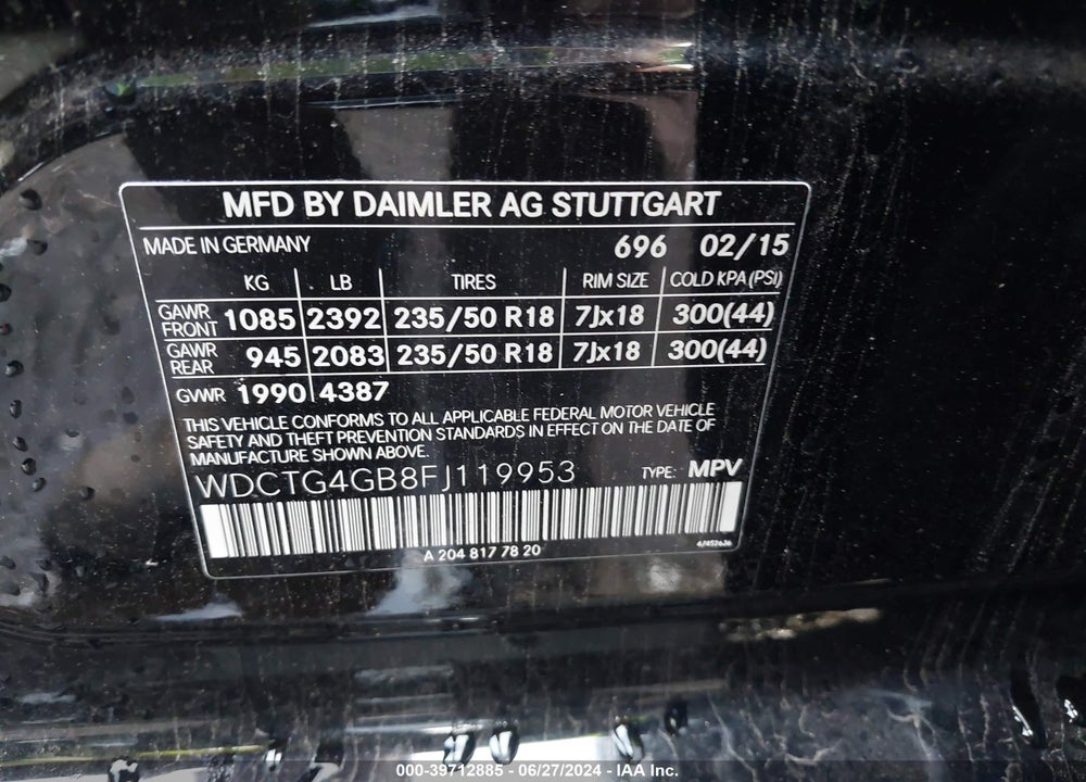 2015 MERCEDES-BENZ GLA 250 4MATIC VIN: WDCTG4GB8FJ119953