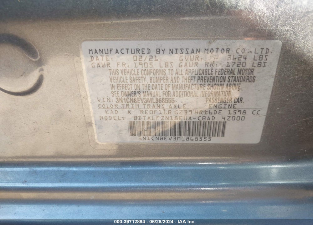 2021 NISSAN VERSA SV XTRONIC CVT VIN: 3N1CN8EV3ML868555
