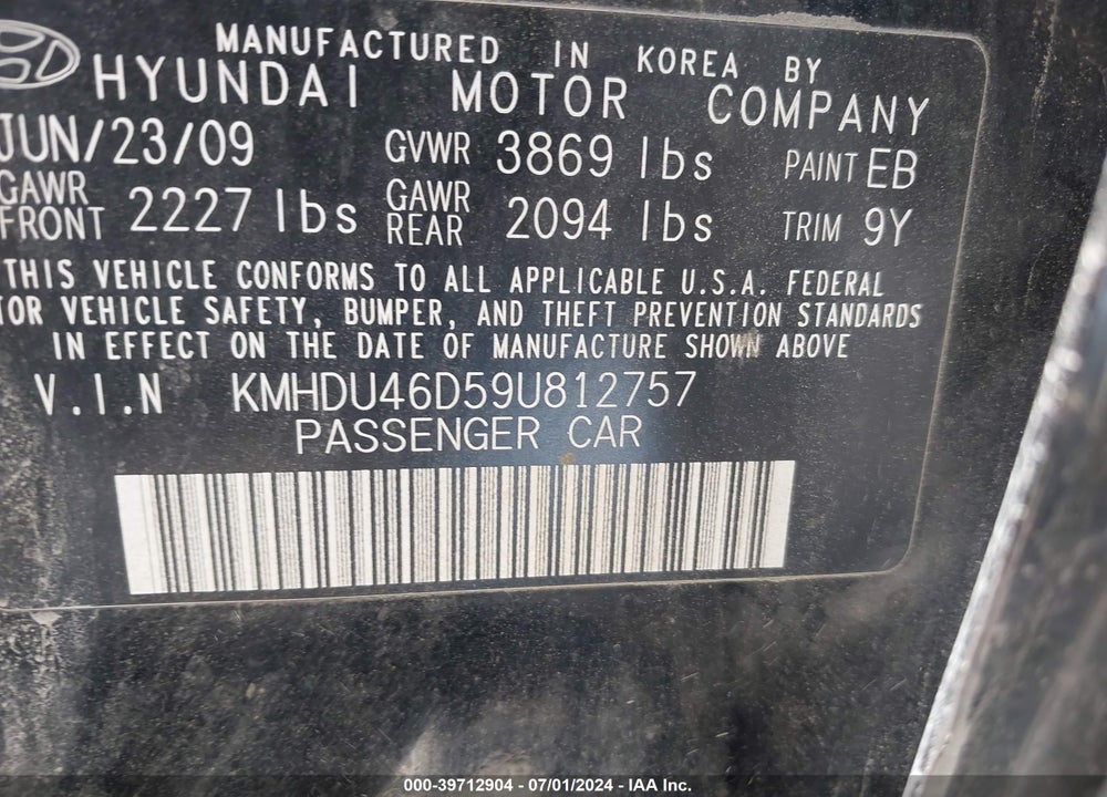 2009 HYUNDAI ELANTRA SE VIN: KMHDU46D59U812757