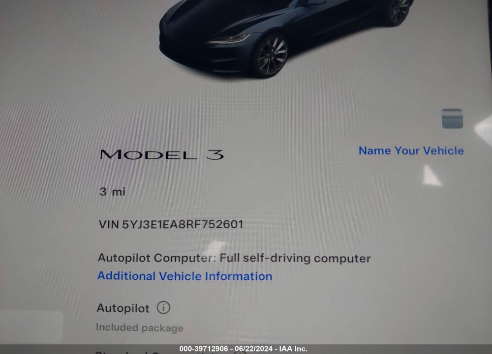 2024 TESLA MODEL 3 REAR-WHEEL DRIVE VIN: 5YJ3E1EA8RF752601