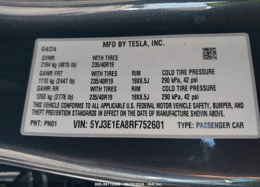2024 TESLA MODEL 3 REAR-WHEEL DRIVE VIN: 5YJ3E1EA8RF752601