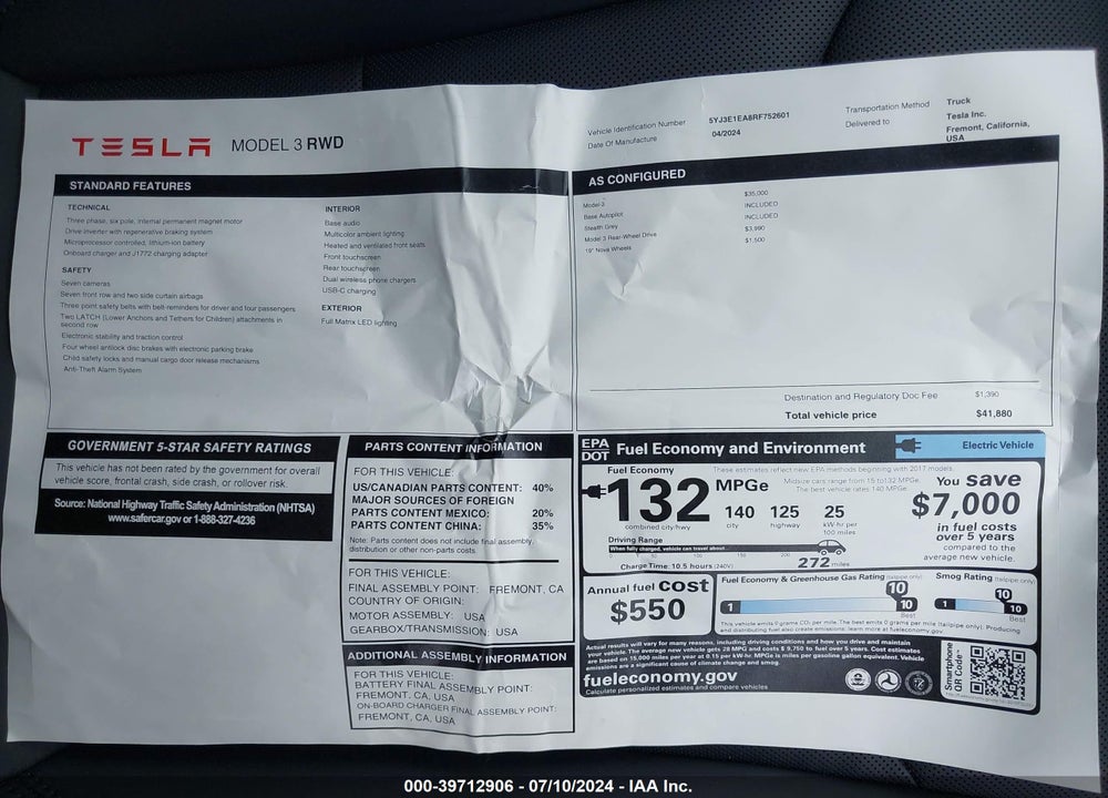 2024 TESLA MODEL 3 REAR-WHEEL DRIVE VIN: 5YJ3E1EA8RF752601
